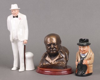 A Royal Doulton figure Winston Churchill, ditto character jug Winston Churchill and a Heritage Sculpture Winston Churchill 