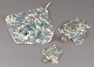 A pottery figure of a fish base incised CMB 31cm together with 2 figures of a turtle and a stingray 