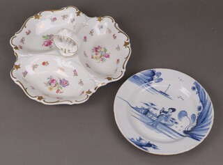 A West Germany 3 section porcelain hors d'oeuvres dish with floral decoration 29cm and a Chinese blue and white plate decorated a figures  