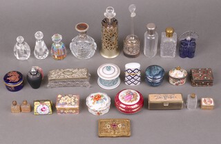 Two faceted glass scent bottles, an enamelled pill box and other pill boxes 