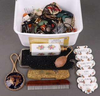 A collection of various costume jewellery and 6 enamelled bottle labels - claret, rum, sherry, gin, port and whisky 