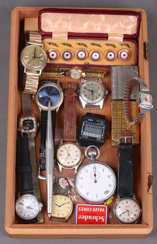 Six gilt metal dress studs, a silver plated vesta case in the form of a book and a quantity of wristwatches