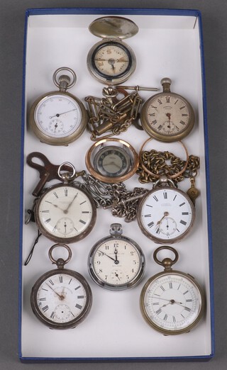 Two silver open faced pocket watches (1 glass a/f), a silver curb link chain and a collection of various pocket watches 