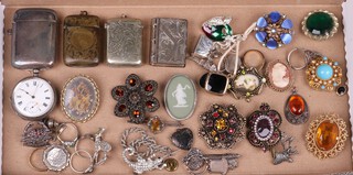 Three silver plated vesta cases, a brass vesta case, a pocket watch and a collection of vintage and other brooches 