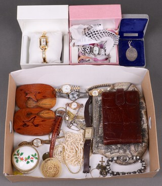 A silver pendant formed from a florin hung on a chain, a lady's Time Design quartz wristwatch boxed, a quartz fashion watch on a fabric strap, 7 ladies wristwatches and a small quantity of costume jewellery 