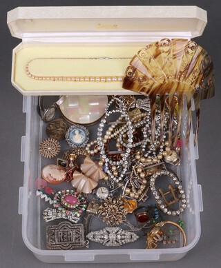 A string of Lotus simulated pearls, a gilt metal and mother of pearl effect compact and a collection of vintage and other costume jewellery 