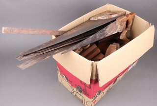 Five various saws, a wooden jack plane and a collection of moulding planes 