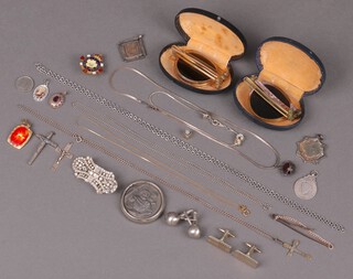 Two silver sports fobs, a Primrose league lapel badge, 2 pairs of folding sun glasses and small collection of costume jewellery 