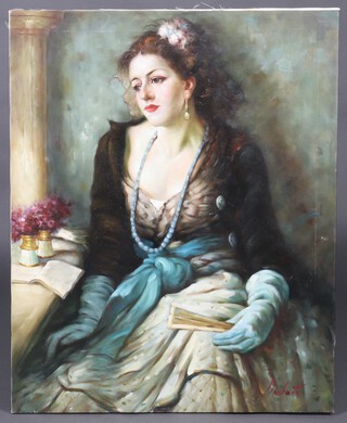 A coloured print, portrait of a seated lady with blue gloved hands 77cm x 61cm, unframed