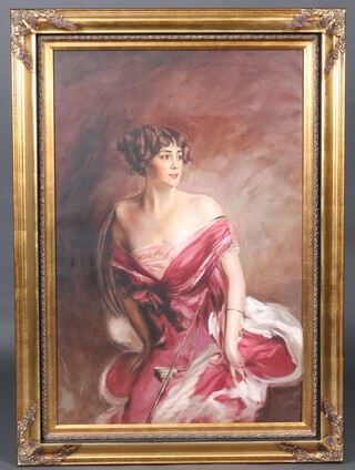 A coloured print on canvas, portrait study of a lady in a red dress 90cm x 31cm, contained in a gilt frame 