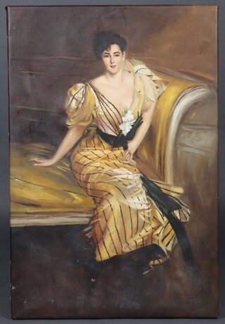 A coloured print on canvas, study of a lady wearing a gown sat on a chaise longue 91cm x 61cm together with a pencil drawing of a naked gentleman marked Oeo Platacz Dec 6 1940, 102cm x 45cm contained in a gilt frame 