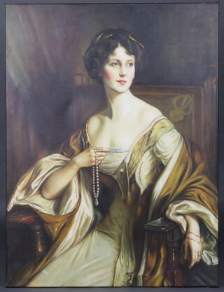 A large coloured print on canvas, seated noble woman wearing a yellow gown 122cm x 90cm contained in a decorative gilt frame 