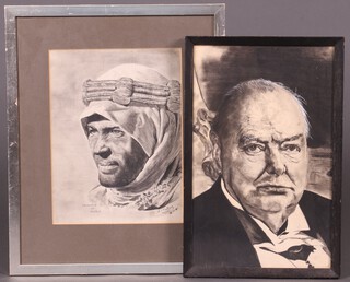British School, portrait of Sir Laurence of Arabia, charcoal, indistinctly signed and dated 1963 30cm x 22cm contained in a silver coloured frame together with a pen, ink and wash portrait of Sir Winston Churchill in evening dress 39cm x 25cm, Paul Winner a collection of 3 prints - Wigmore Hall 28cm x 29cm and 1 other print 