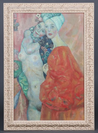 After Gustav Klimt, a coloured print "Girlfriends II" 89cm x 58cm, contained in a white frame 