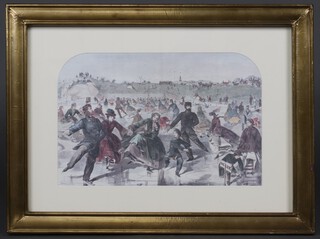 A reproduction Victorian coloured print, skating scene with figures on a lake, 34cm x 52cm in a gilt frame