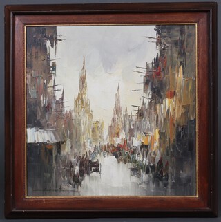 Alfredo Buenaventura (1942-1982) impressionist oil on canvas, street scene with figures, signed 60cm x 60cm 