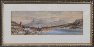 G Fowler Jones, watercolour, loch scene with deer and mountain in the distance, 15cm x 43cm, label to the reverse
