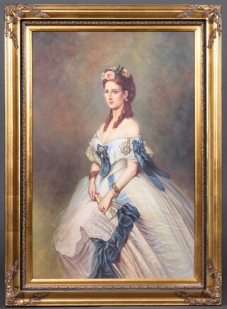 A coloured print on canvas, study of a young Queen Victoria standing wearing a white gown, 89cm x 59cm in a gilt frame 