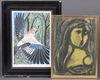 Annie Soudain-J, Lino cut signed, titled edition of 450 in pencil, 29cm x 21cm contained in an ebonised frame together with a mid century mixed medium stylised portrait of a mother and child by a different hand indistinctly signed 34cm x 23cm 