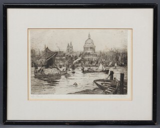 Maria Eaton, etching of St Paul's Cathedral from The Thames, signed 16cm x 23cm (some foxing) 