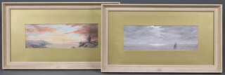 Oil painting on card, seascape with yacht and 1 other river scene with windmill 11cm x 32cm 