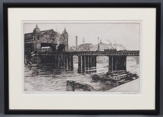 Ernest Willoughby, an etching, "Canon Street Station From The Thames" 19cm x 42cm 