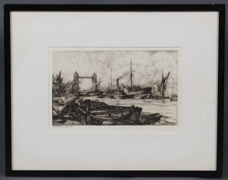 Robert William Arthur Rouse, etching "Pool of London with Tower Bridge" 15cm x 25cm