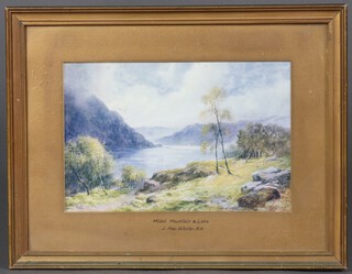 In the manner of John MacWhirter  "Mist Mountain and Lakes" 19th Century watercolour bears signature 20cm x 29cm, a watercolour of buildings and 3 other watercolours 