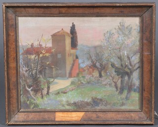 Continental school oil on canvas, villa and landscape possibly Tuscany mid 20th century 34cm x 43cm indistinctly signed,  an impressionist oil on board Continental scene with barns 38cm x 28cm, a 19th Century oil on board avenue of trees 27cm x 39cm and an oil on canvas study of a naked lady 49cm x 40cm 