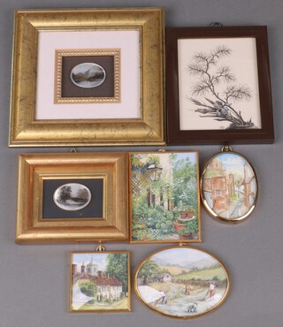 A collection of miniatures - Ruth Eyles "Tea Time In The Dales" 7cm oval, Daisy Crompton "The Church Steps Minehead" 7cm oval, Heather Smith "The Secret Garden" 10cm x 7cm and ditto "Tudor Cottage West Mill Hereford" 6cm x 6cm and 3 other miniatures, all framed