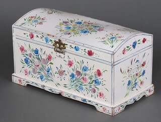 A white painted plywood and pressed paper dome shaped and floral patterned trunk 37cm h x 69cm w x 34cm d 