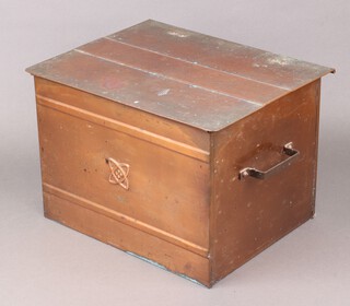 A rectangular copper twin handled coal box 27cm h x 38cm w x 31cm d 