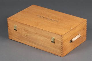 A Fortnum and Mason rectangular 12 bottle wine box with hinged lid 21cm h x 61cm w x 38cm d 