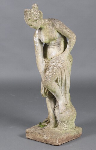 A well weathered concrete garden figure of a classical lady 83cm 