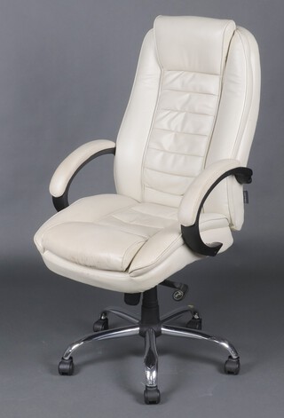 An "Office Furniture" revolving desk chair upholstered in white material 