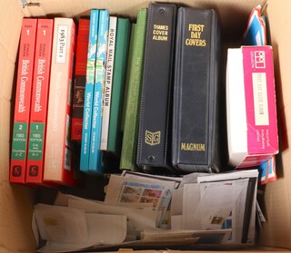 Six albums of world stamps, 3 albums of first day covers and a Stanley Gibbons Part One volumes 1 and 2 British Commonwealth stamps 1993 
