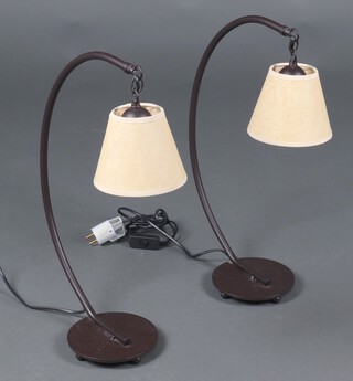 A pair of verdigris and brown metal table lamps with hanging shades 52cm h x 16cm (these lamps have failed an electrical PAT test and would require rewiring, to be sold for decorative purposes only) 