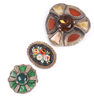 An oval floral micro mosaic brooch in gilt mount 3cm, a Miracle Scottish style hardstone brooch and 1 other hardstone brooch 