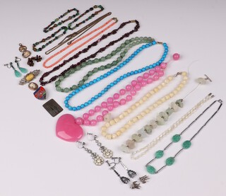 A collection of hardstone and other bead necklaces, earrings etc