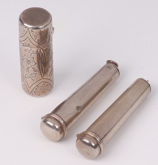 Two silver cheroot holder cases, Chester 1920 and 1921 (both dented), 13.6 grams, together with an engraved silver salts bottle with glass liner, London 1884 by Brockwell and Sons 5cm (missing glass stopper) 