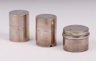 A Continental cylindrical silver jar and cover marked 925, together with 2 other jars and covers, 75 grams 