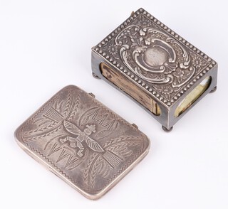 A Victorian rectangular embossed silver match box, raised on bun feet, Birmingham 1898, 39 grams, together with a rectangular box with hinged lid decorated a mythical beast 7cm x 5.5cm 
