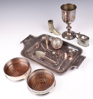 A silver plated chalice 20cm, an Art Deco twin handled silver plated tray 37cm and a collection of plated items 
