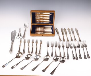 A pair of silver plated grape scissors, 6 silver plated fish knives and forks by Walker & Hall, a pair of ditto fish servers, 6  Old English pattern rat tail soup spoons, 6 ditto dinner forks, 5 ditto pudding forks (all monogrammed) and 6 plated fruit knives and forks with silver collars and mother of pearl handles contained in an oak box 