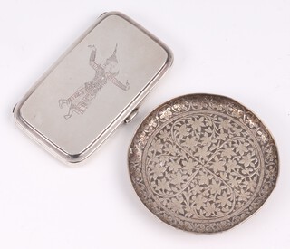 A Thai white metal rectangular cigarette case decorated figures 8cm x 4cm together with an Egyptian metal circular dish 7cm 