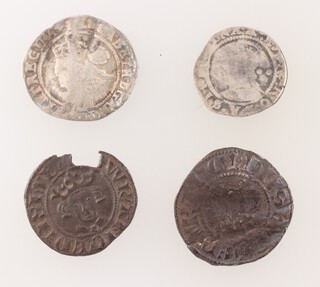 Two Edward I silver pennies, an Elizabeth I silver threepence and an Elizabeth I silver threehalfpence
