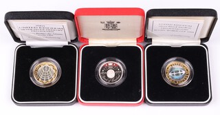 A collection of 3 Royal Mint Silver proof piedfort 2 pound coins (1994, 1999, 2001) all boxed with COA