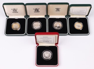 A collection of 5 Royal Mint Silver proof 2 pound coins ( 1994, 1995, 1996, 1999, 2001 ) all boxed with COA.