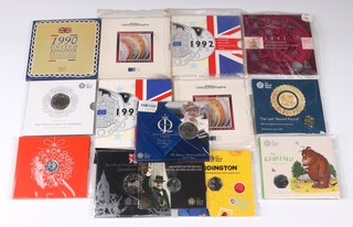 A collection of 16 Royal Mint 1990s onwards proof coins and sets to include 2015 Churchill silver coin, 2016 Nativity silver coins etc