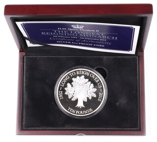 An Elizabeth II 925 silver proof 10 pound coin 2015 'The Longest Reigning Monarch', 5 oz , mint sealed, contained in fitted case with COA and card slip case. 334 of 450